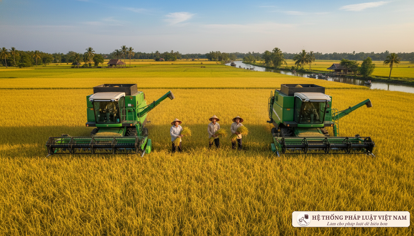 Máy móc nông nghiệp hiện đại trên cánh đồng lúa Việt Nam