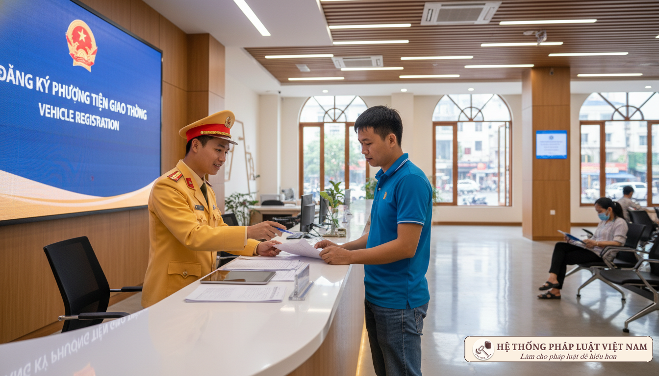 Cán bộ Cảnh sát giao thông hướng dẫn người dân hoàn thiện hồ sơ đăng ký xe