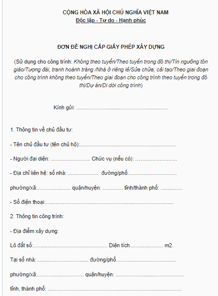 Mẫu đơn đề nghị cấp giấy phép xây dựng