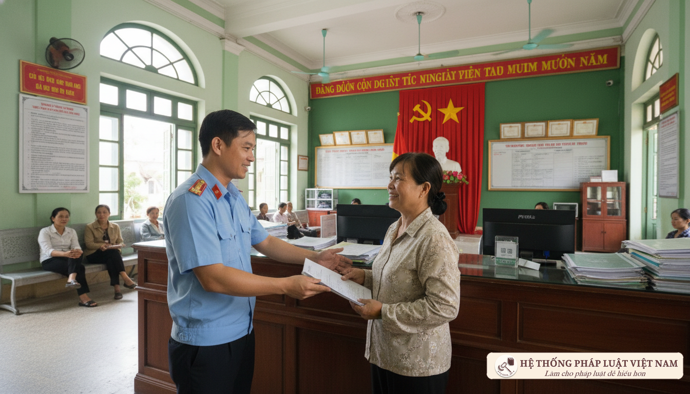 Cán bộ cấp xã hướng dẫn người dân làm thủ tục hành chính