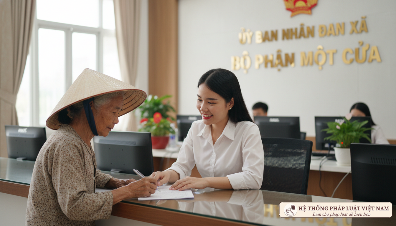 Cán bộ cơ sở tại bộ phận một cửa UBND xã tận tình hướng dẫn thủ tục cho người dân