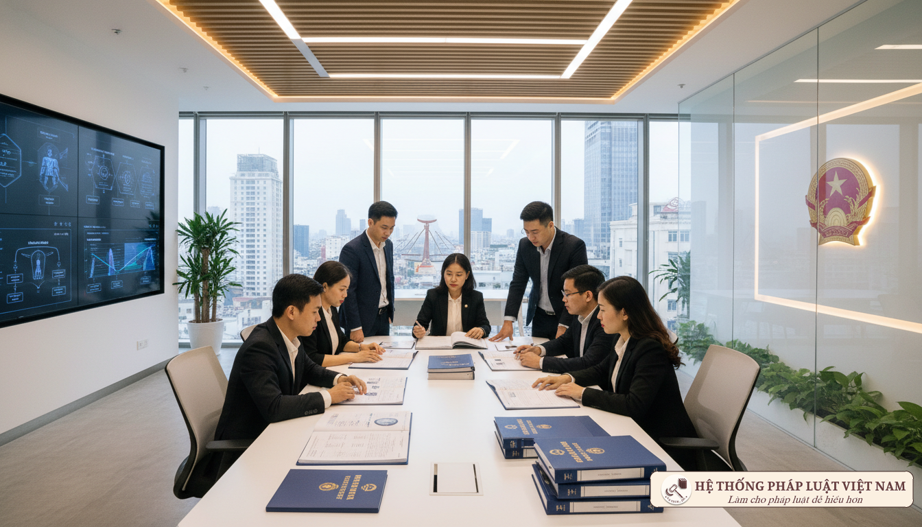 Các chuyên gia trao đổi chuyên môn tại một Văn phòng giám định tư pháp hiện đại Các chuyên gia trao đổi chuyên môn tại một Văn phòng giám định tư pháp hiện đại