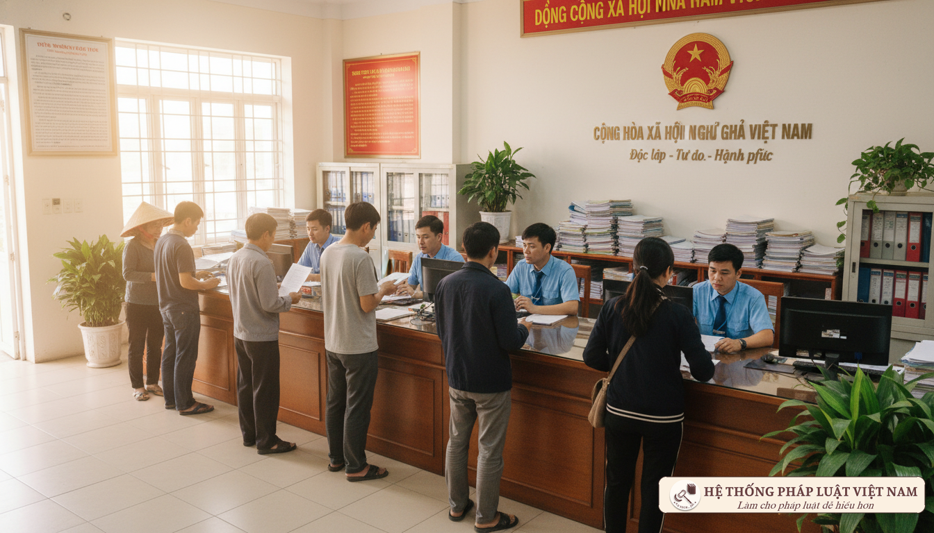 Cán bộ công chức làm việc tại bộ phận một cửa đầu năm 2020