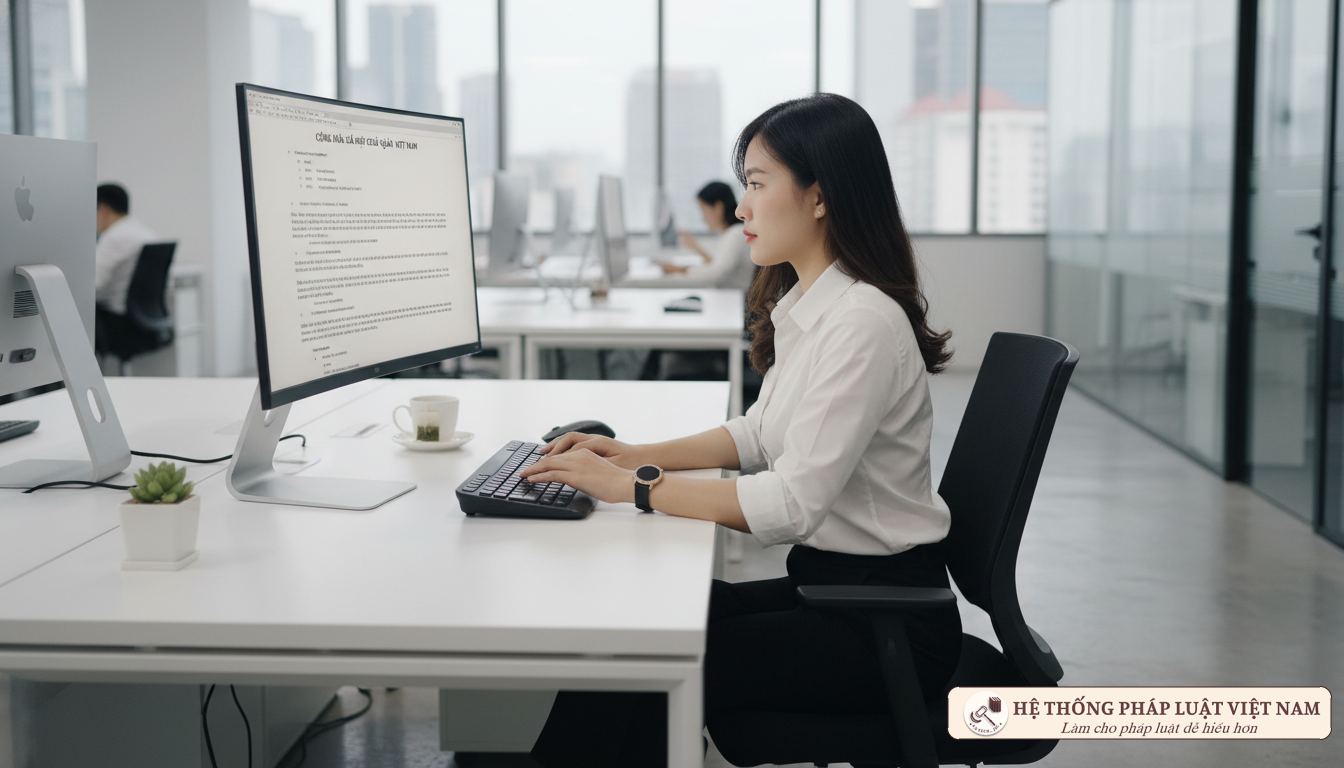 Cán bộ văn phòng đang soạn thảo công văn trên máy tính