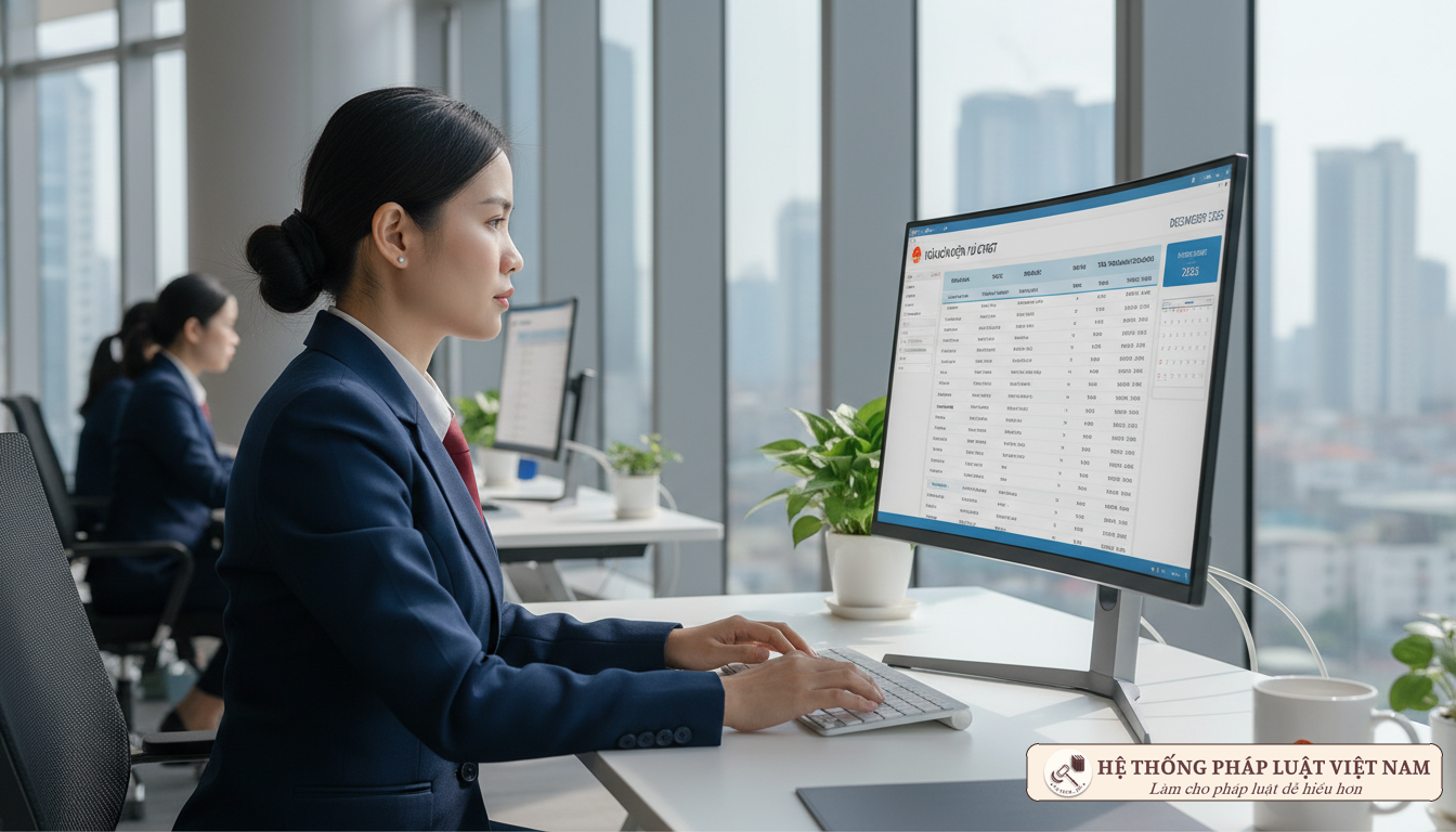 Cán bộ thuế Việt Nam làm việc với hóa đơn điện tử