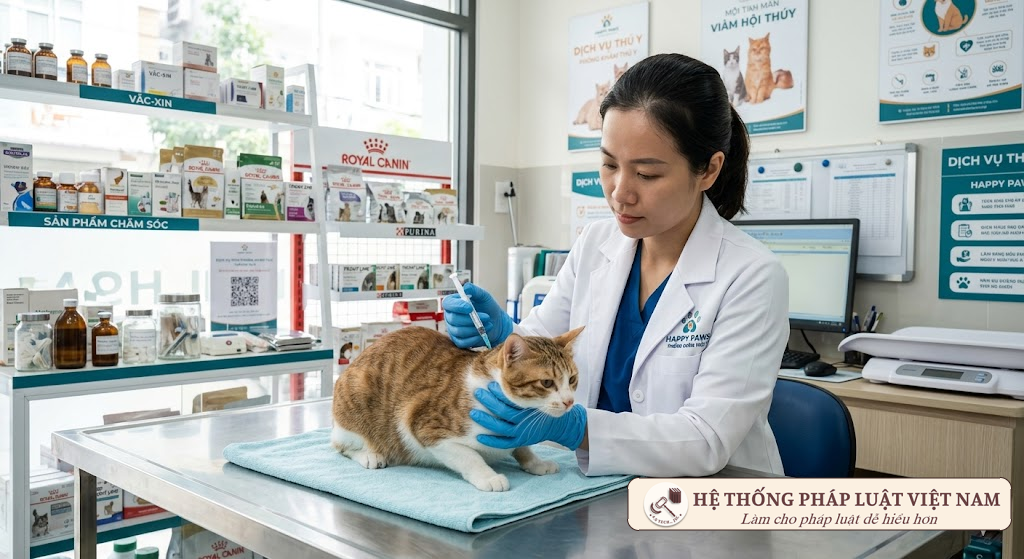 Bác sĩ thú y tiêm phòng vắc-xin Dại cho mèo