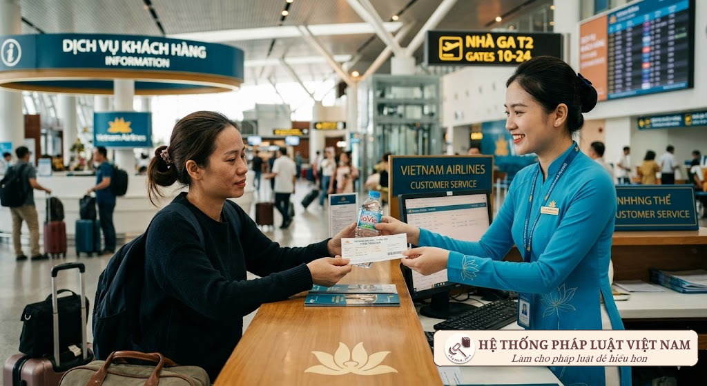 Nhân viên hãng hàng không phát voucher hỗ trợ cho hành khách bị delay
