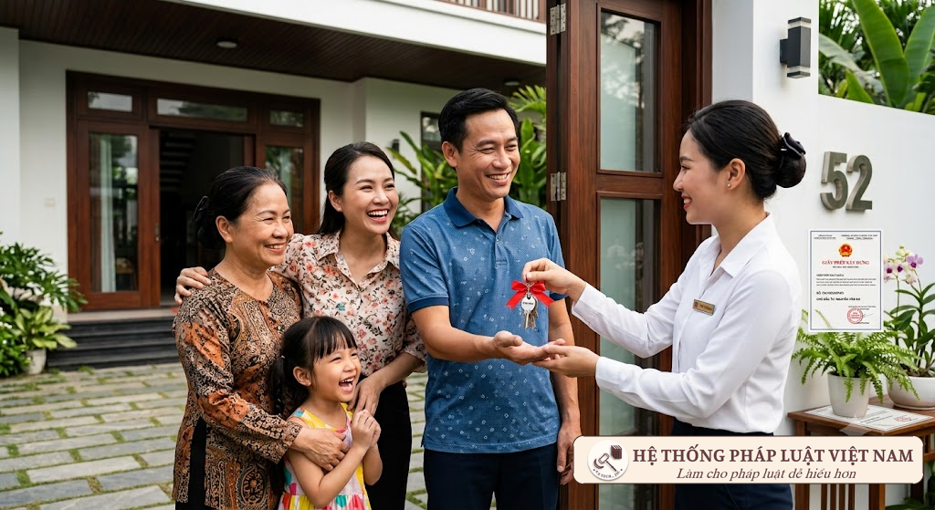 Gia đình Việt Nam nhận chìa khóa nhà mới sau khi hoàn tất thủ tục xây dựng được rút gọn