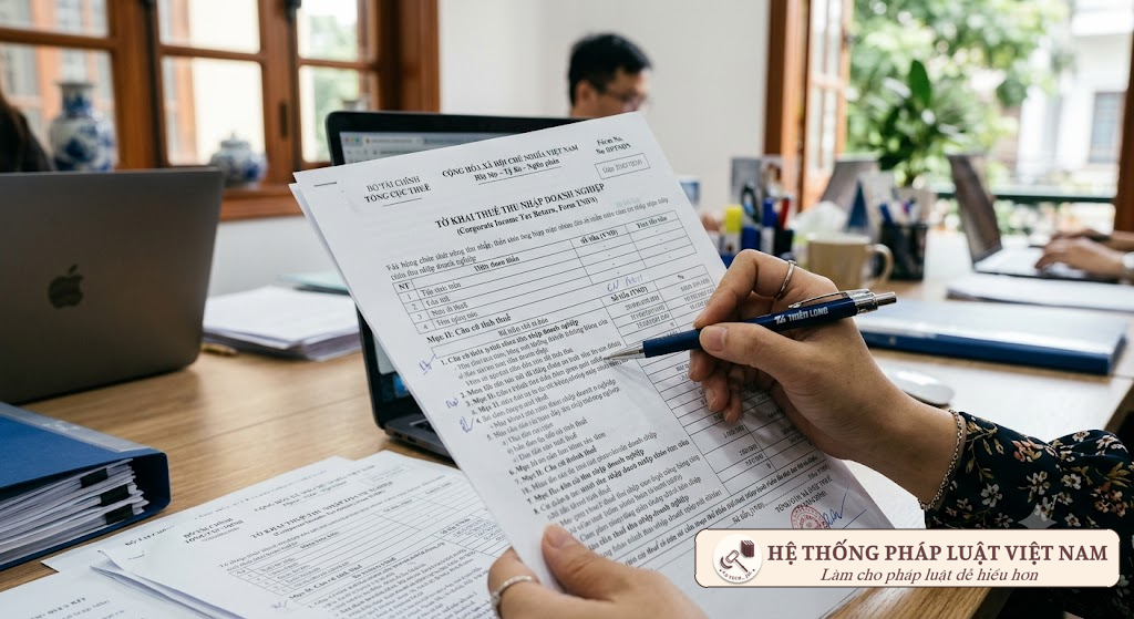 Bàn tay kế toán viên đang chỉ vào điều khoản luật trên tài liệu
