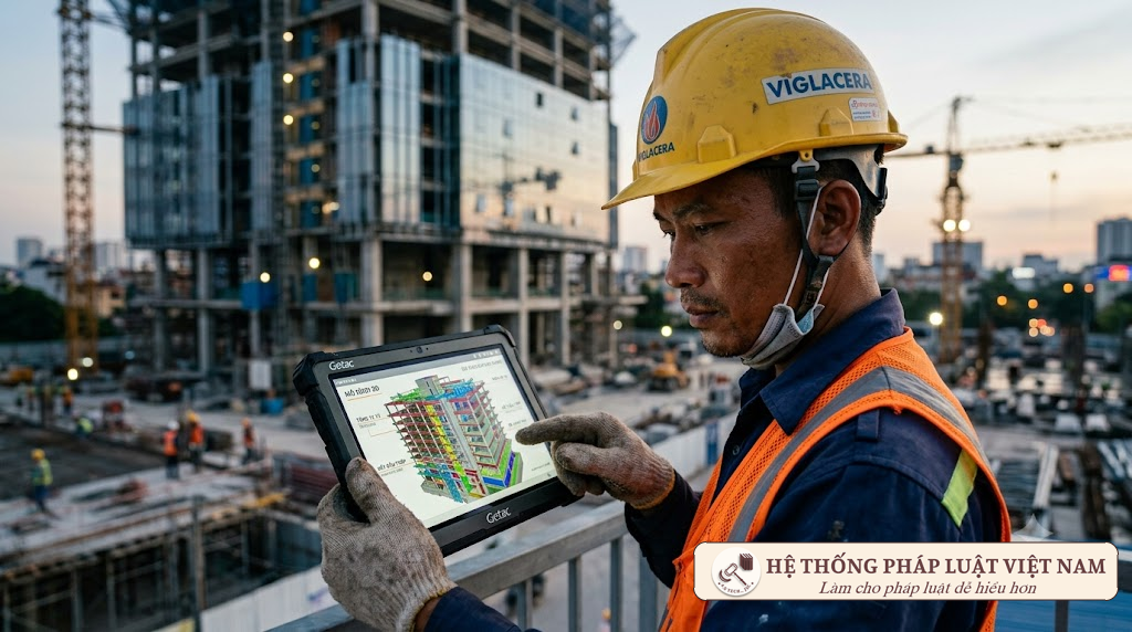 Kỹ sư xây dựng xem mô hình BIM trên máy tính bảng tại công trường