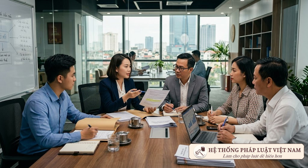 Nhóm người đang thảo luận về các văn bản pháp luật dân sự mới trong một văn phòng hiện đại