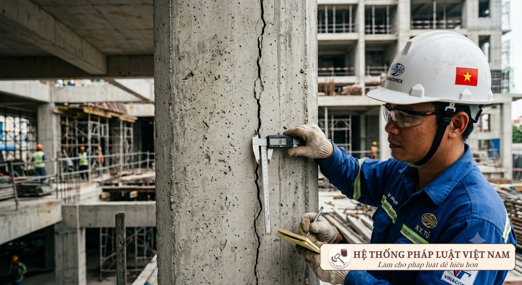 Kỹ sư đang kiểm tra vết nứt trên cột bê tông