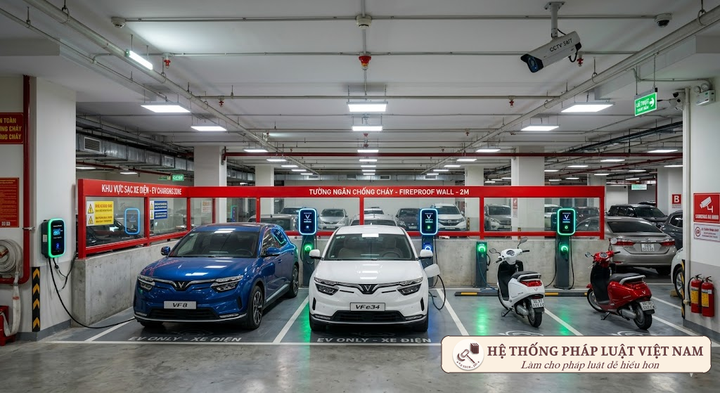 Quy định mới nhất về trạm sạc xe điện tại chung cư từ 15/12/2026: Có bắt buộc phải tách biệt hoàn toàn với xe xăng?
