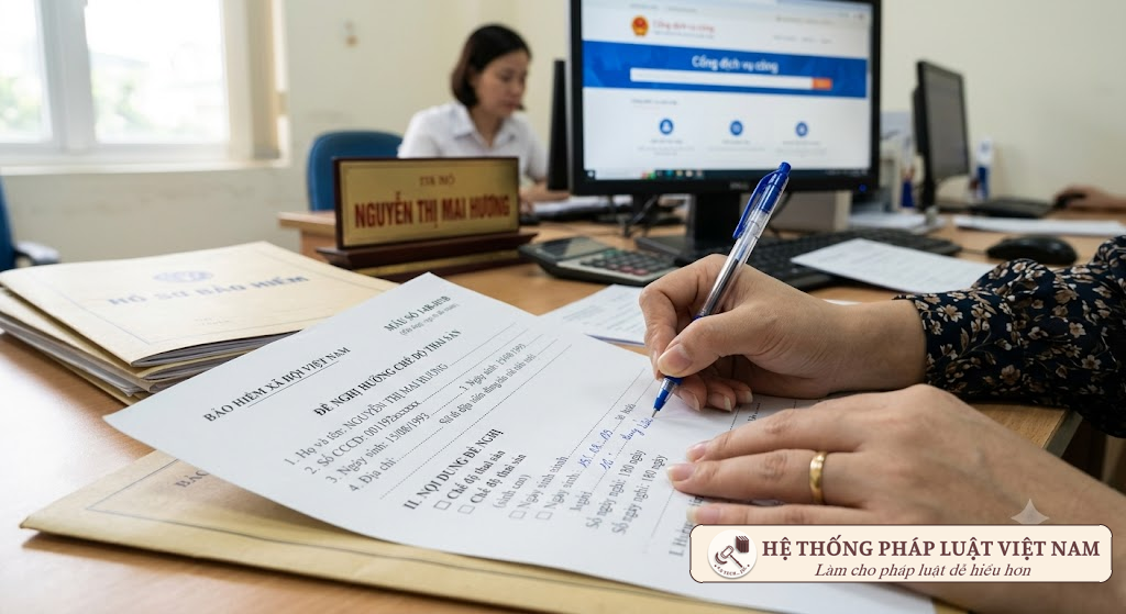 Người phụ nữ Việt Nam đang điền thông tin vào mẫu hồ sơ bảo hiểm xã hội