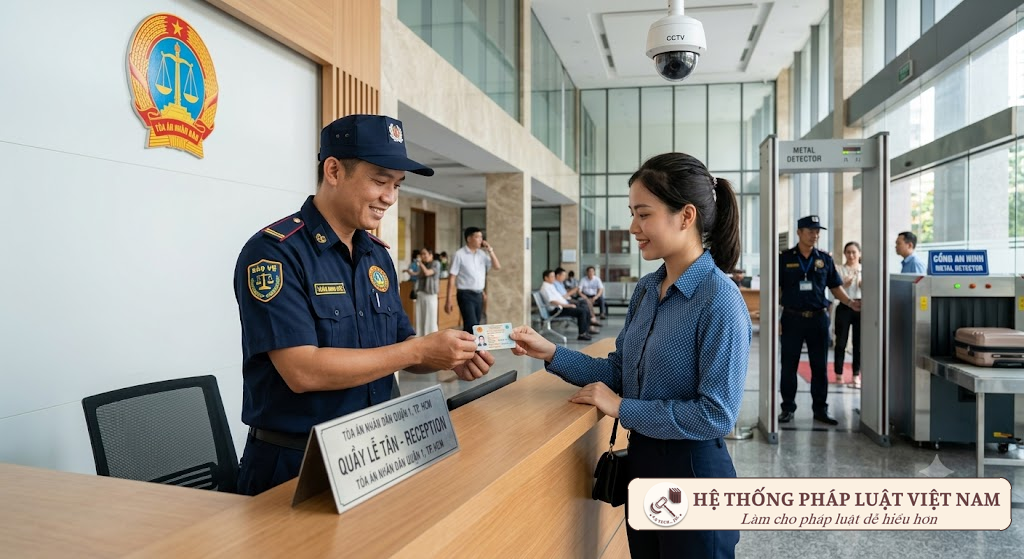 Nhân viên bảo vệ Tòa án kiểm tra giấy tờ tùy thân của người dân