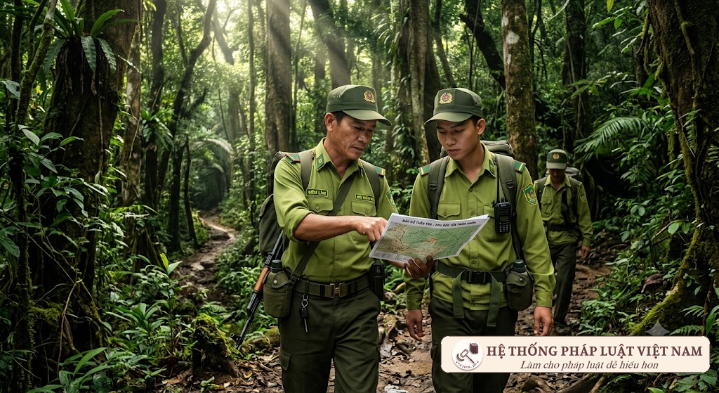 Lực lượng kiểm lâm tuần tra bảo vệ rừng phòng hộ đầu nguồn
