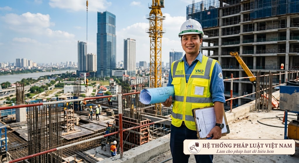 Kỹ sư xây dựng Việt Nam kiểm tra bản vẽ tại công trường theo quy định mới 2026