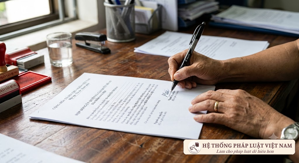 Bàn tay người Việt Nam ký giấy ủy quyền nhận lương hưu theo Luật Bảo hiểm xã hội 2024