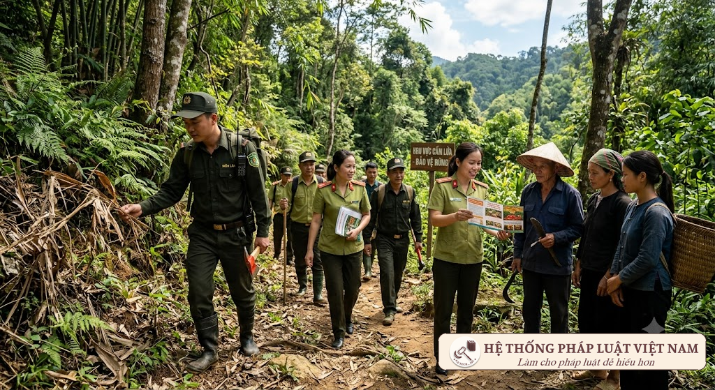 Lực lượng kiểm lâm và người dân tuần tra rừng, kiểm tra nguy cơ cháy