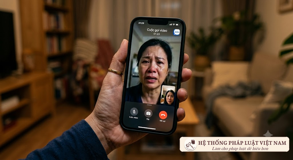 Màn hình điện thoại hiển thị cuộc gọi deepfake, tay người Việt Nam đang cầm điện thoại