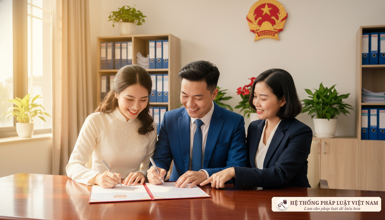 Cặp đôi ký Giấy chứng nhận kết hôn tại UBND cấp xã