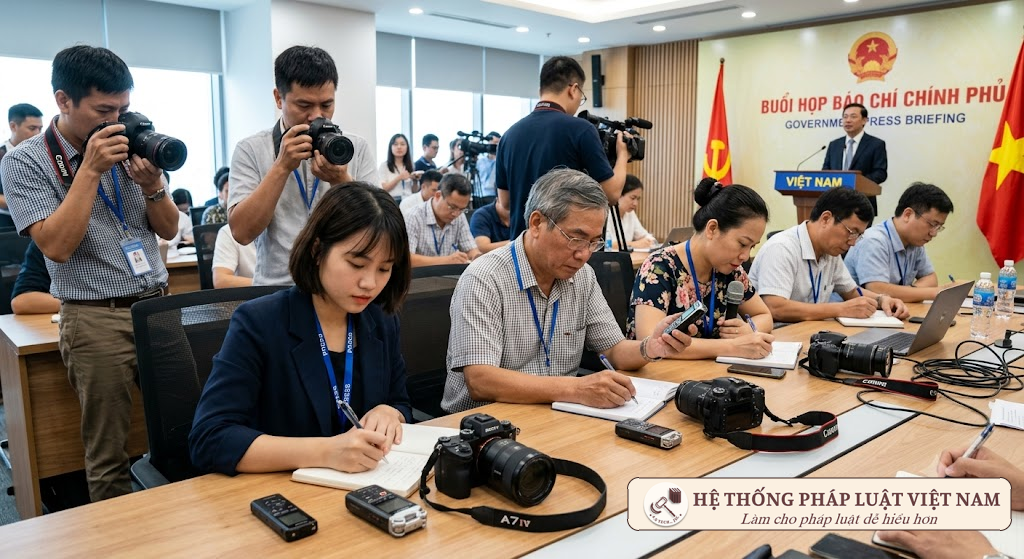 Các nhà báo tham gia họp báo của cơ quan nhà nước