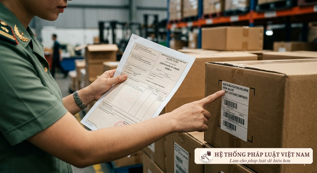 Cán bộ hải quan đối chiếu chứng từ C/O với nhãn mác thực tế của hàng hóa nhập khẩu
