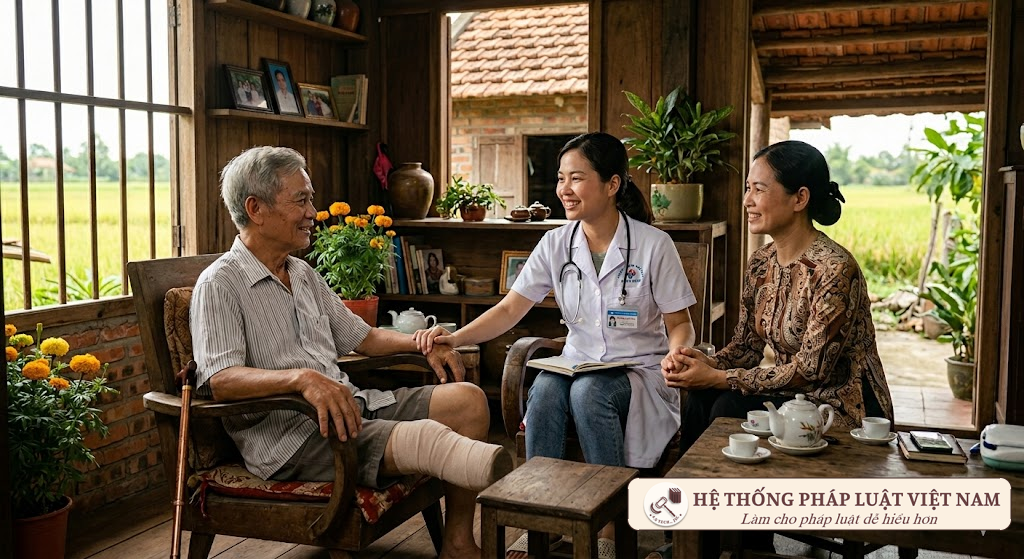 Cán bộ y tế cơ sở và nhân viên xã hội thăm hỏi, hỗ trợ người khuyết tật tại địa phương