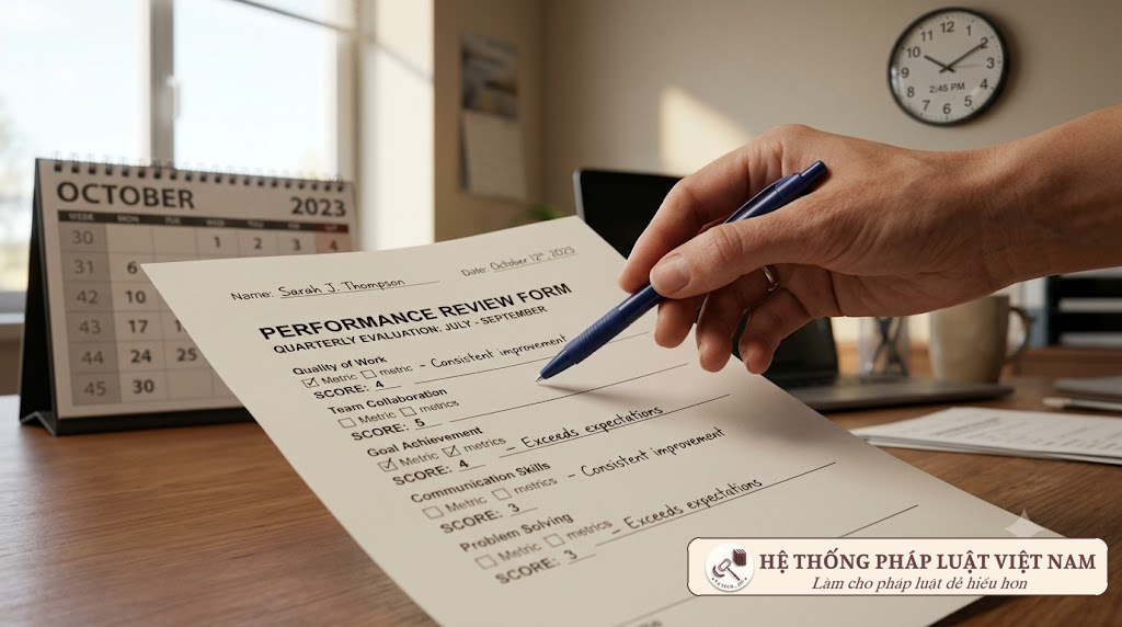 Bàn tay đang chấm điểm trên biểu mẫu đánh giá hiệu suất