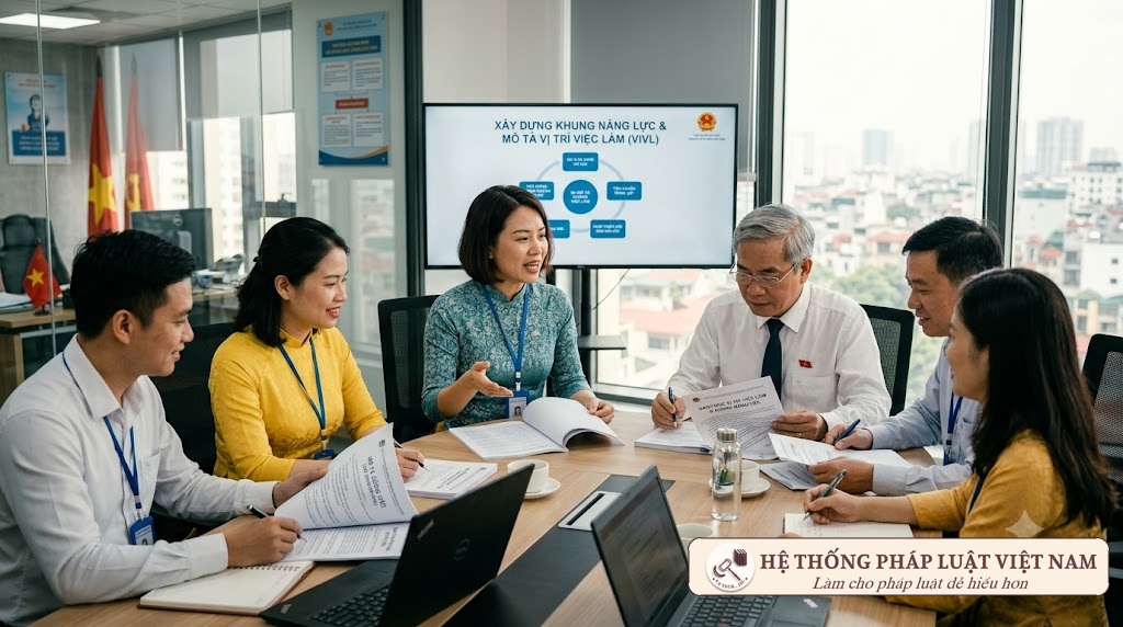 Nhóm viên chức Việt Nam thảo luận về mô tả công việc
