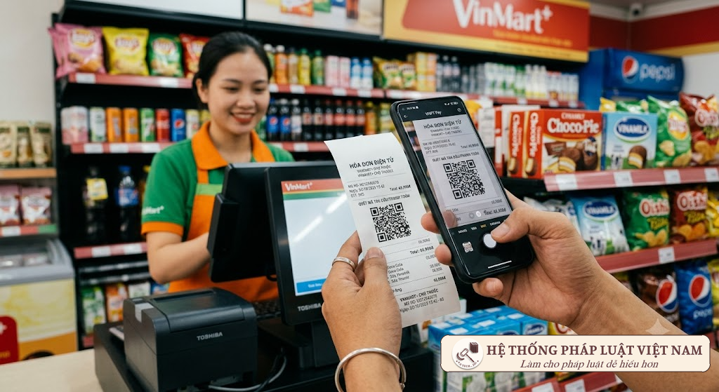 Người tiêu dùng quét mã QR trên hóa đơn điện tử tại cửa hàng tiện lợi