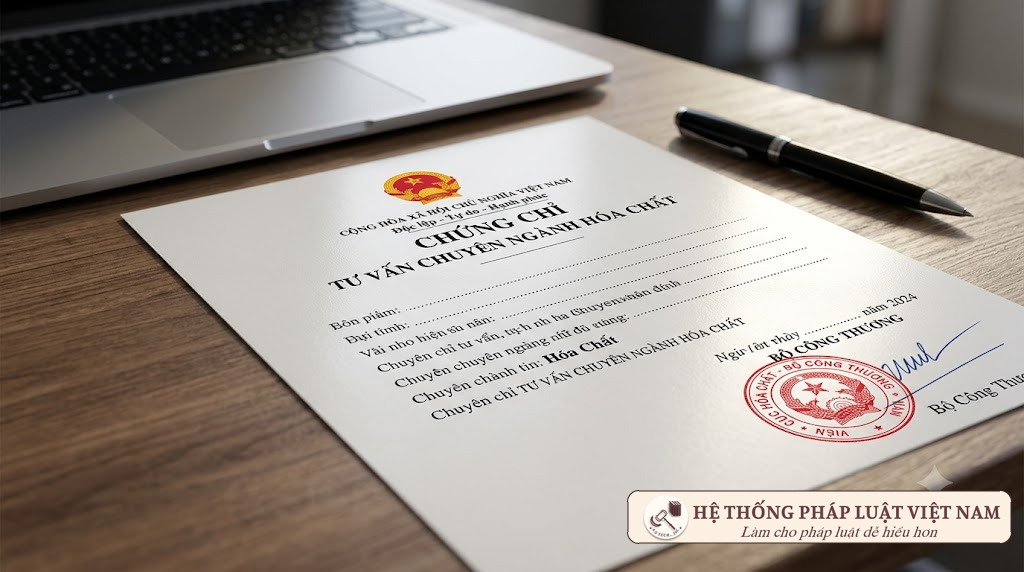 Chứng chỉ tư vấn chuyên ngành hóa chất đặt trên bàn làm việc