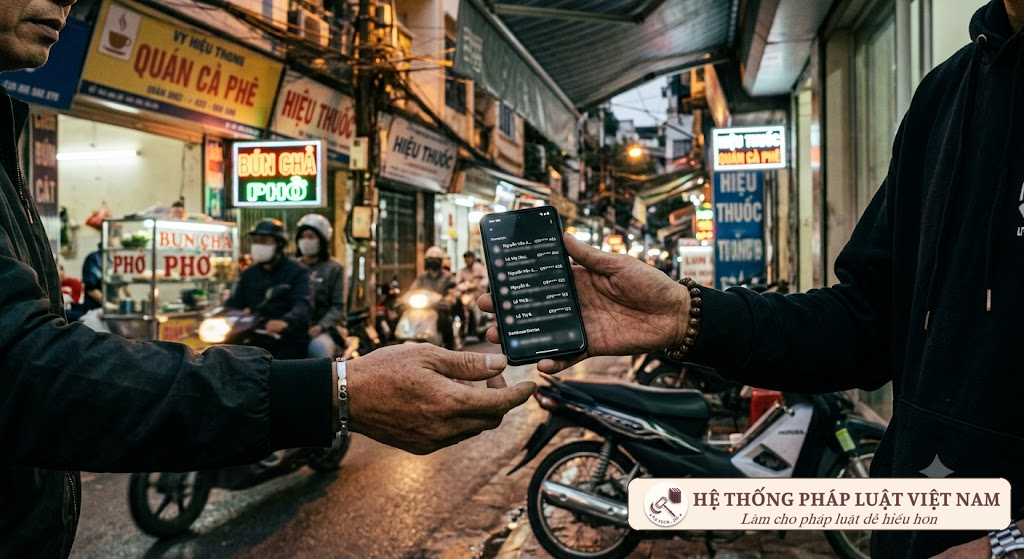 Hai bàn tay trao đổi thiết bị điện tử với dữ liệu cá nhân bị làm mờ, tượng trưng cho việc mua bán thông tin trái phép