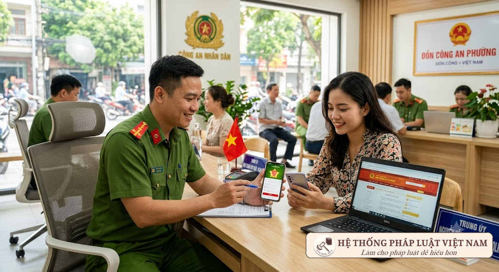 Cán bộ Công an hướng dẫn người dân sử dụng ứng dụng VNeID