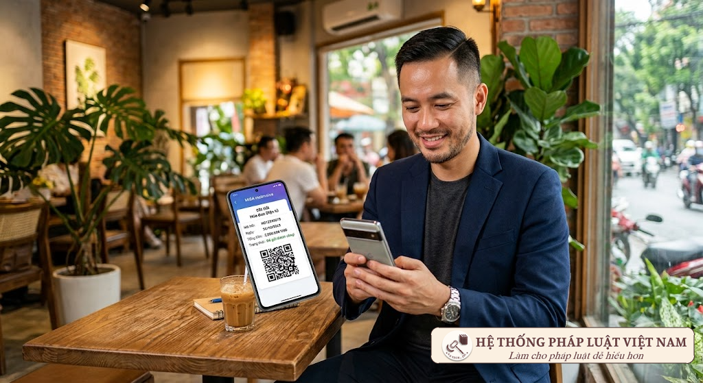 Doanh nhân kiểm tra hóa đơn điện tử trên ứng dụng di động