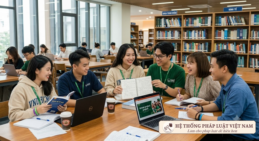 Sinh viên Việt Nam thảo luận nhóm tại thư viện trường đại học
