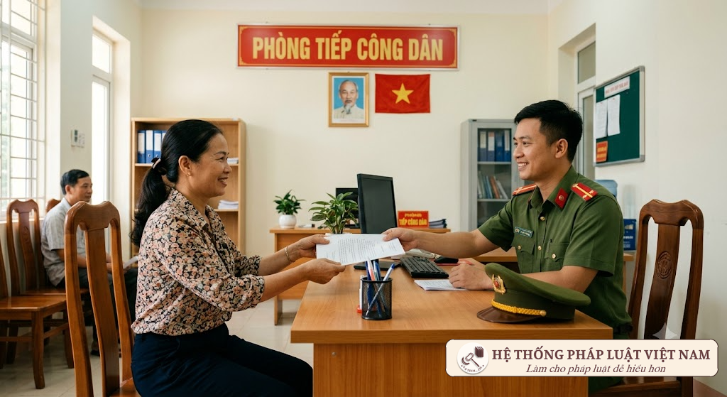 Cán bộ Công an xã tiếp nhận và hướng dẫn người dân thực hiện các thủ tục hành chính