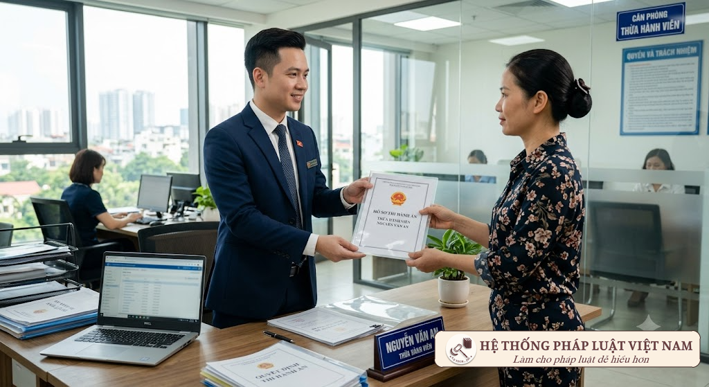 Thừa hành viên bàn giao văn bản pháp lý cho người dân