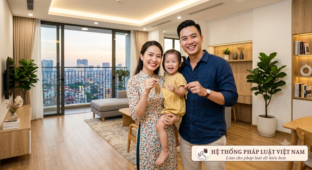 Gia đình hạnh phúc nhận căn hộ tái định cư mới