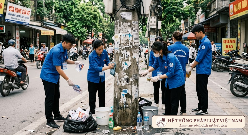 Lực lượng chức năng và các tình nguyện viên tích cực bóc gỡ quảng cáo bẩn trên cột điện công cộng
