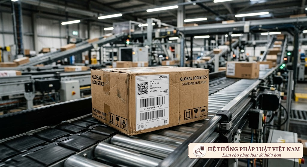 Mã định danh bưu gửi dán trên bưu kiện di chuyển trên băng chuyền tự động