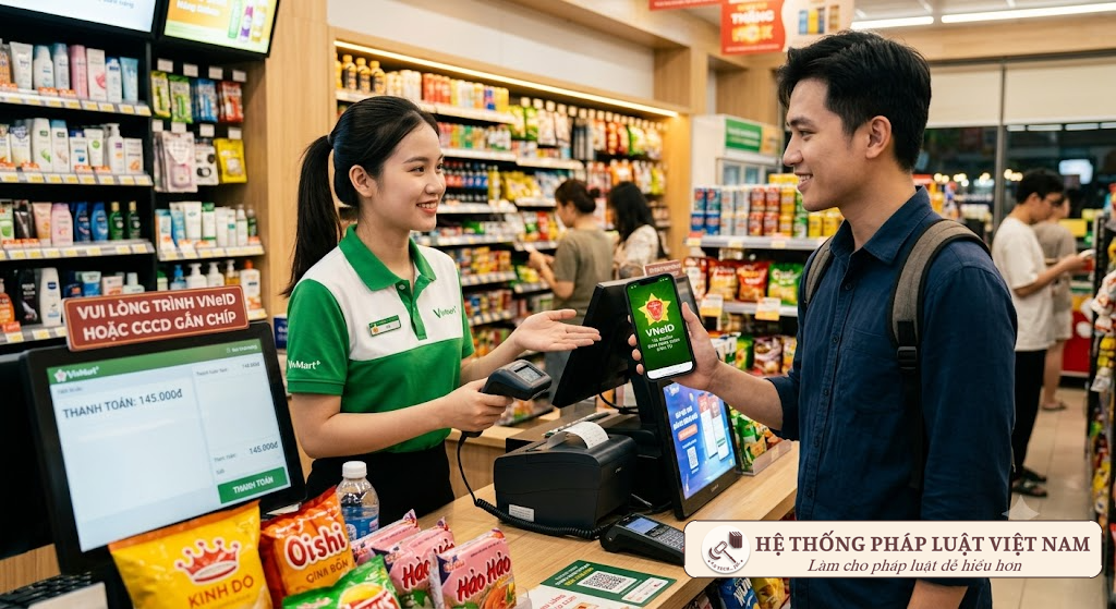 Nhân viên cửa hàng tiện lợi yêu cầu khách hàng xuất trình VNeID để xác minh độ tuổi khi mua thuốc lá