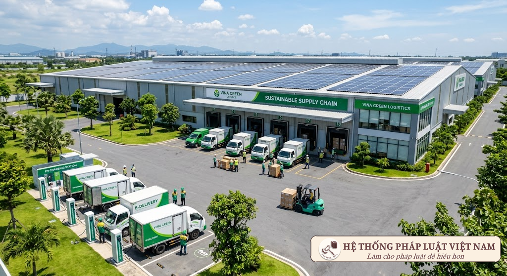Trung tâm logistics xanh hiện đại với hệ thống pin năng lượng mặt trời và xe tải điện
