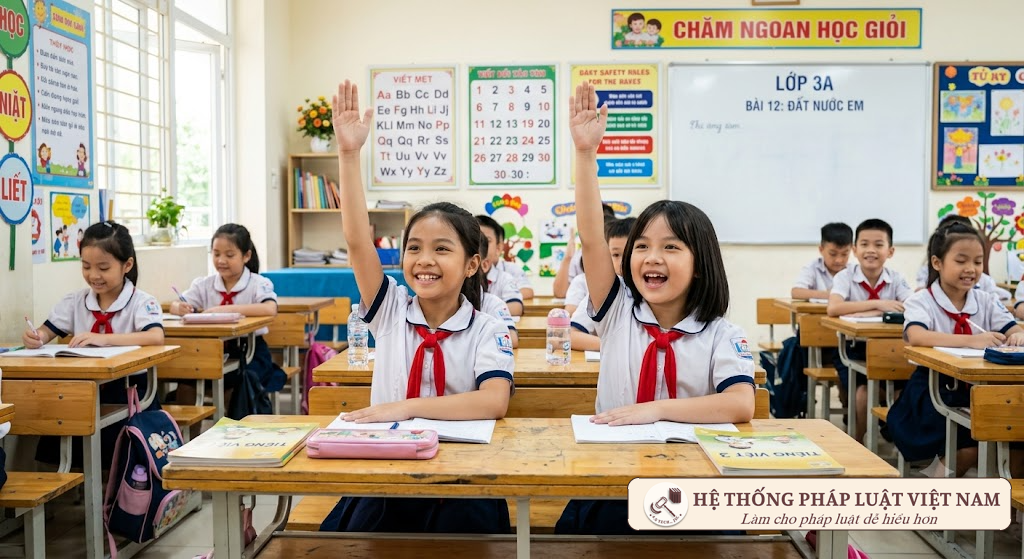 Các bé gái học sinh tiểu học Việt Nam vui vẻ trong lớp học