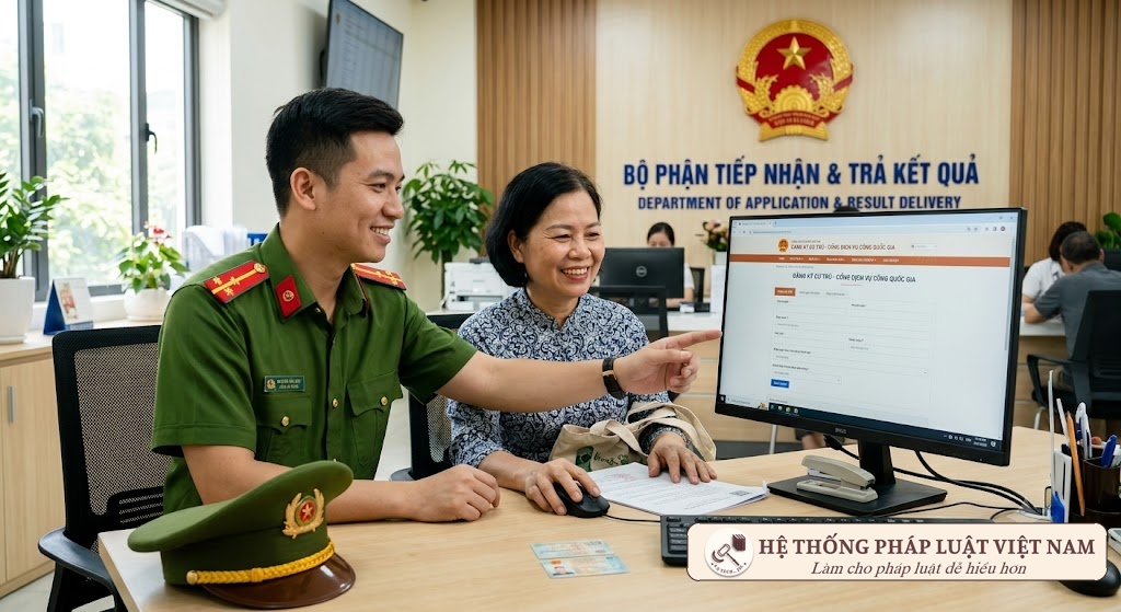 Cán bộ công an hướng dẫn người dân làm thủ tục cư trú
