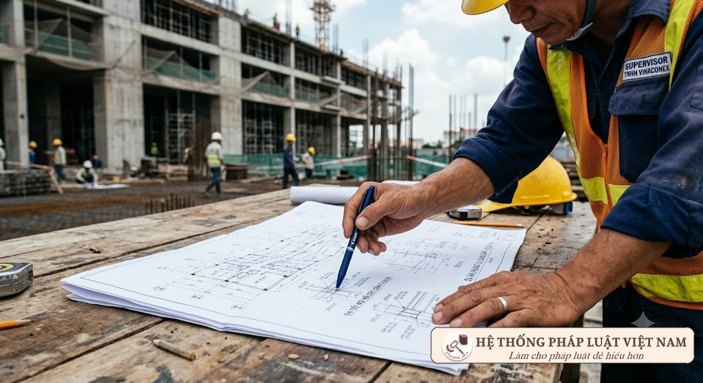 Kỹ sư xây dựng thảo luận bản vẽ thiết kế tại công trường