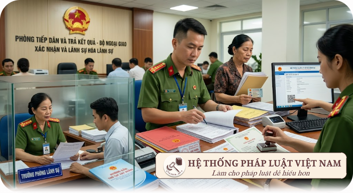 Cán bộ Bộ Tư pháp tiếp nhận và thẩm tra hồ sơ cấp ý kiến pháp lý