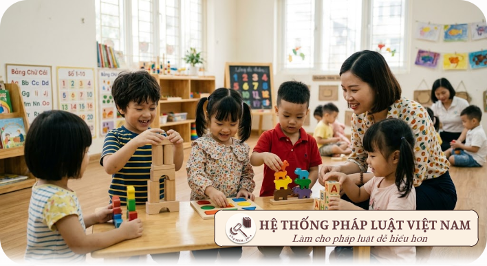 Trẻ em mầm non vui chơi với đồ chơi gỗ an toàn và học liệu phát triển trí tuệ