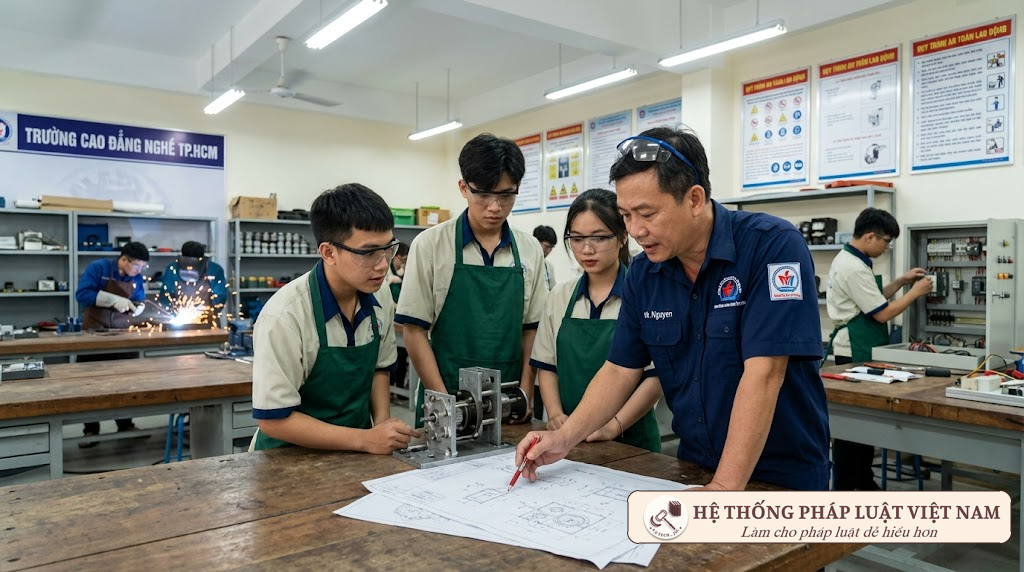 Giáo viên trung học nghề dạy chuyên môn nghề đang hướng dẫn thực hành