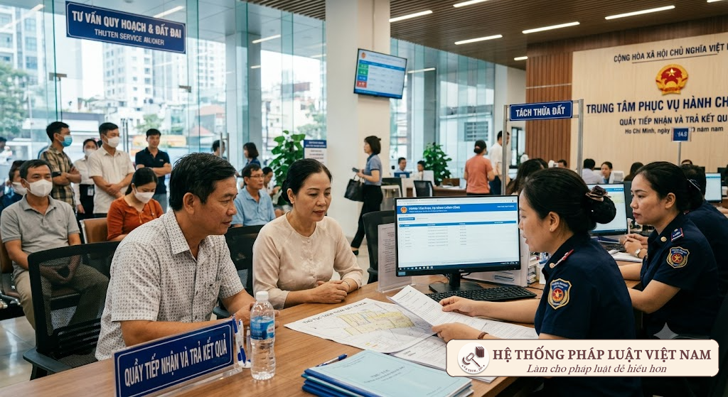 Người dân thực hiện thủ tục đất đai tại bộ phận tiếp nhận và trả kết quả hành chính Người dân thực hiện thủ tục đất đai tại bộ phận tiếp nhận và trả kết quả hành chính